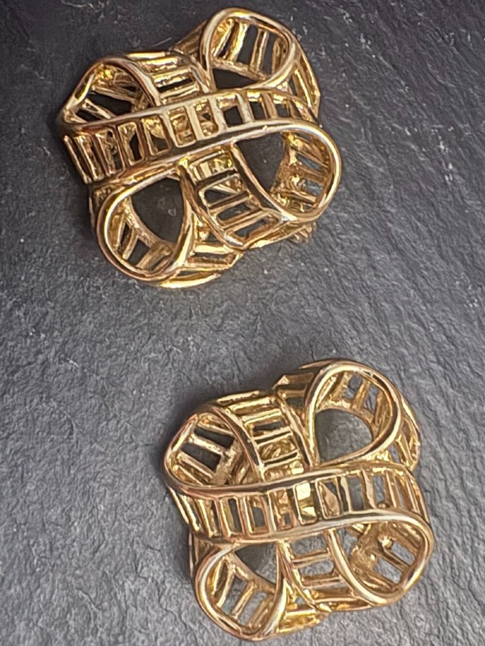 Vintage Monet Gold Tone Abstract Openwork Cage Ribbon Bow Clip On Earrings